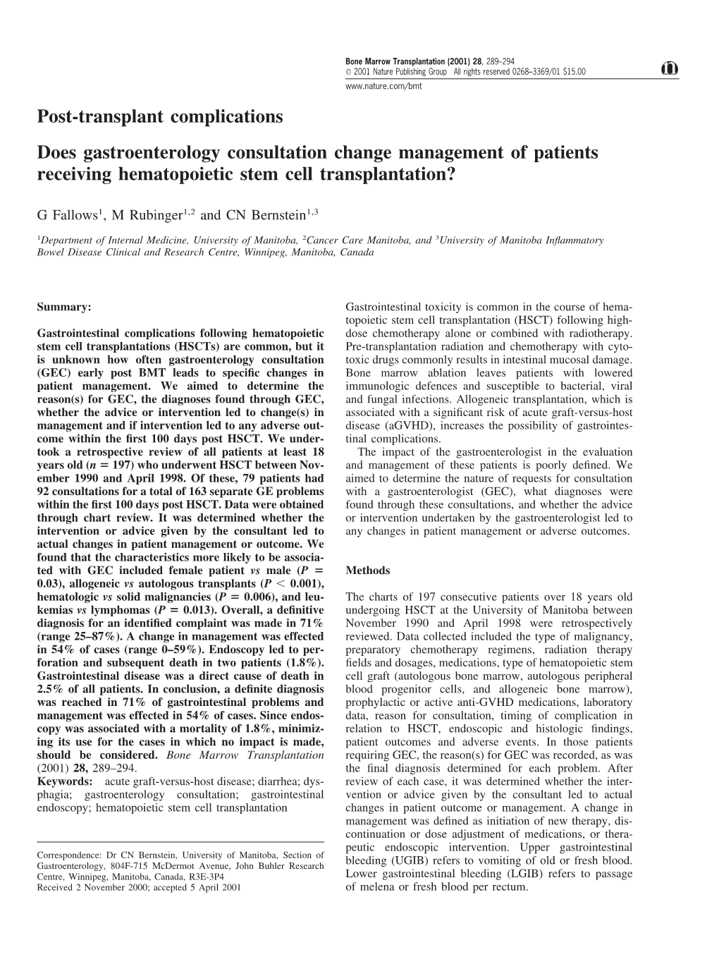 Post-Transplant Complications Does Gastroenterology Consultation Change Management of Patients Receiving Hematopoietic Stem Cell Transplantation?