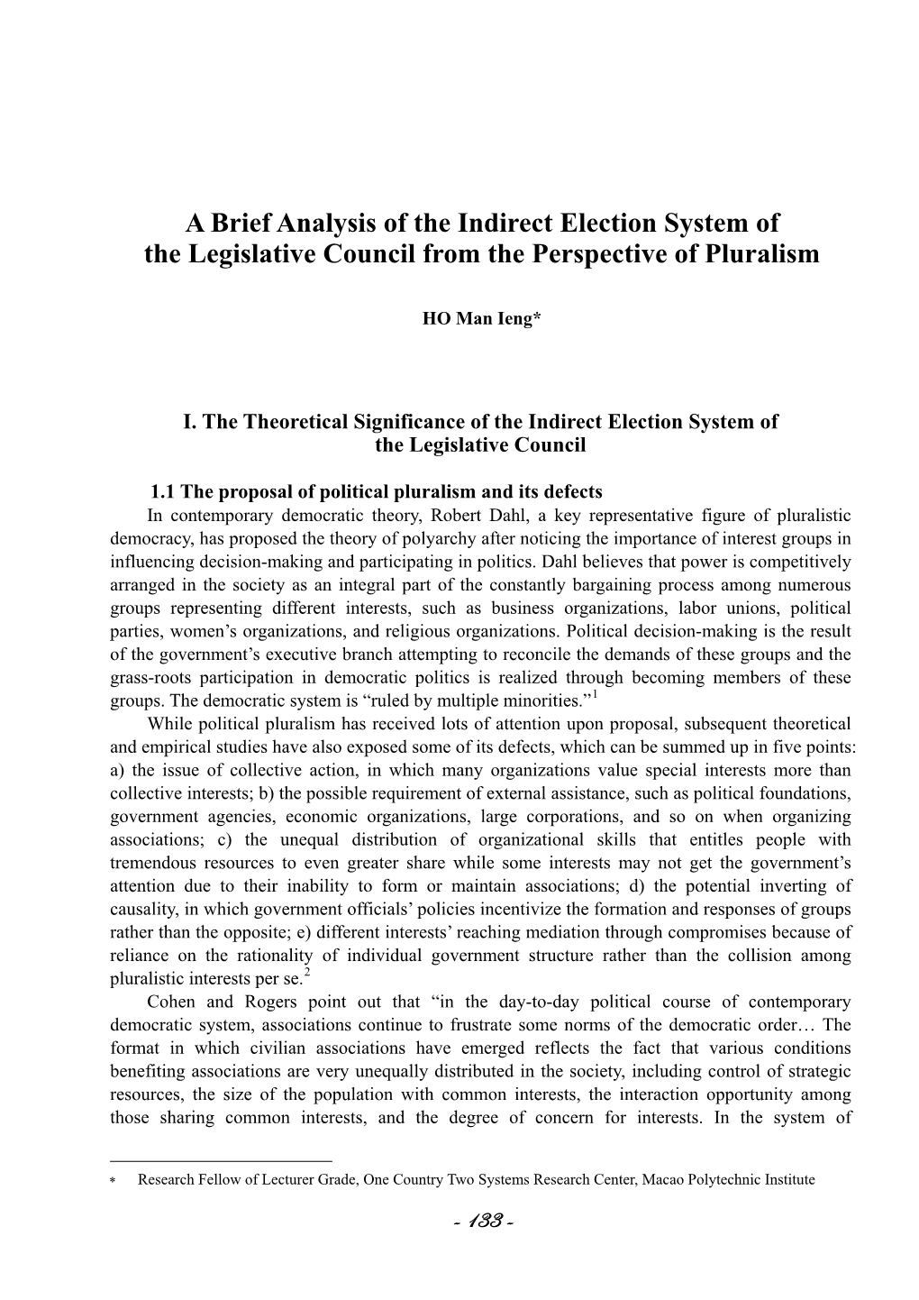 A Brief Analysis of the Indirect Election System of the Legislative Council from the Perspective of Pluralism