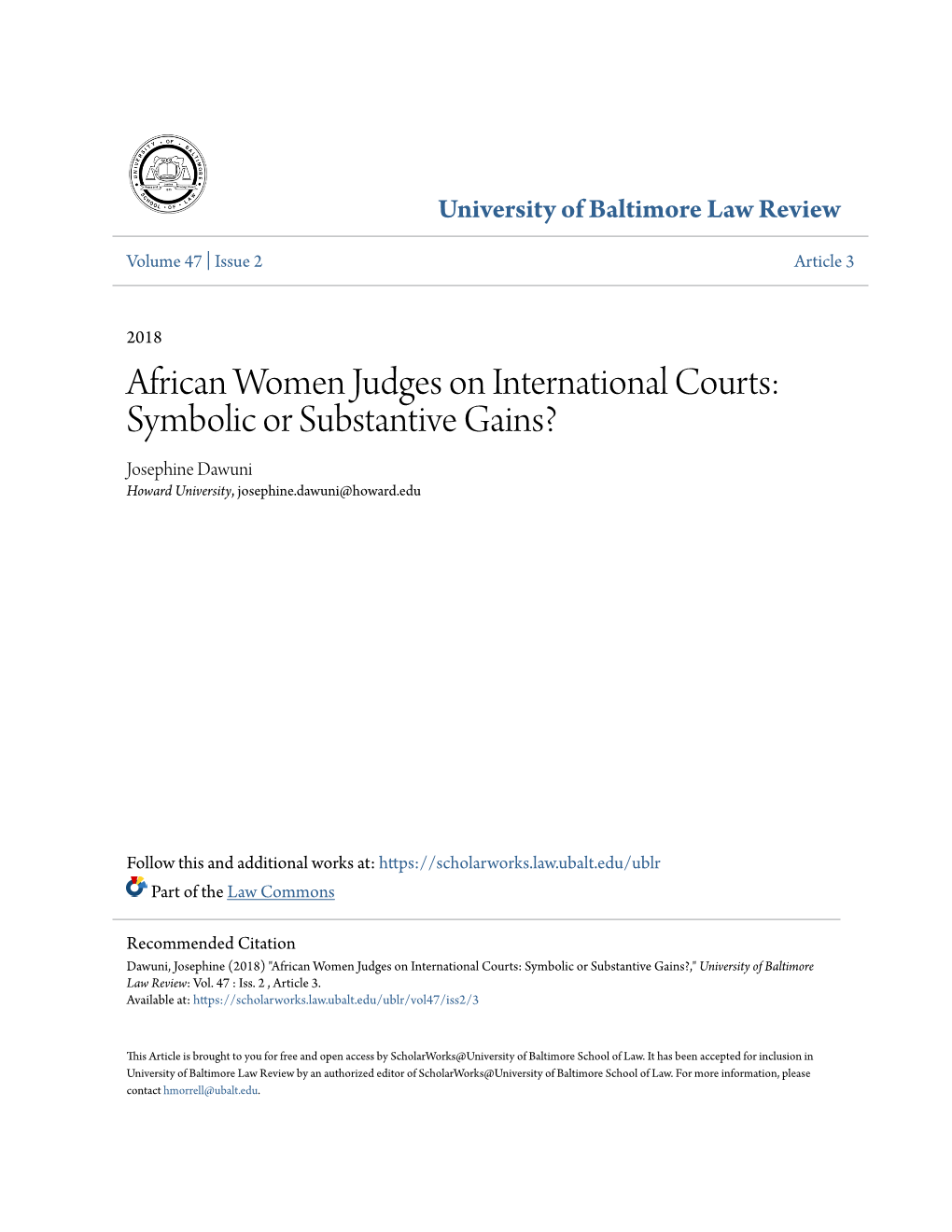 African Women Judges on International Courts: Symbolic Or Substantive Gains? Josephine Dawuni Howard University, Josephine.Dawuni@Howard.Edu