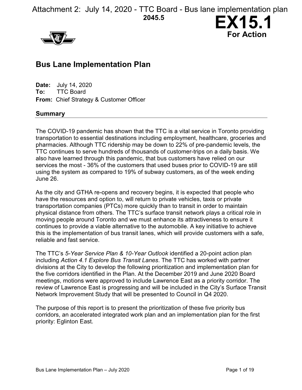 July 14, 2020 - TTC Board - Bus Lane Implementation Plan 2045.5 EX15.1 for Action