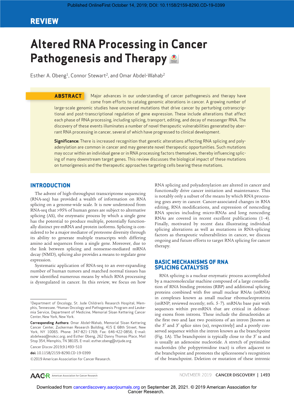 Altered RNA Processing in Cancer Pathogenesis and Therapy