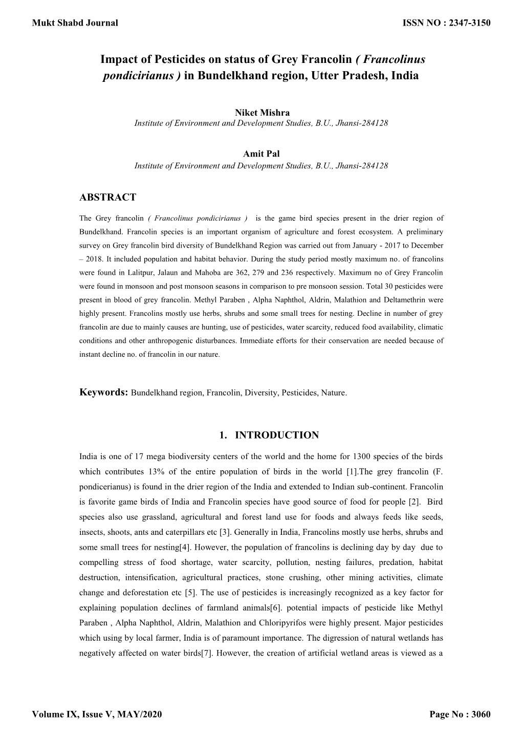 Impact of Pesticides on Status of Grey Francolin ( Francolinus Pondicirianus ) in Bundelkhand Region, Utter Pradesh, India