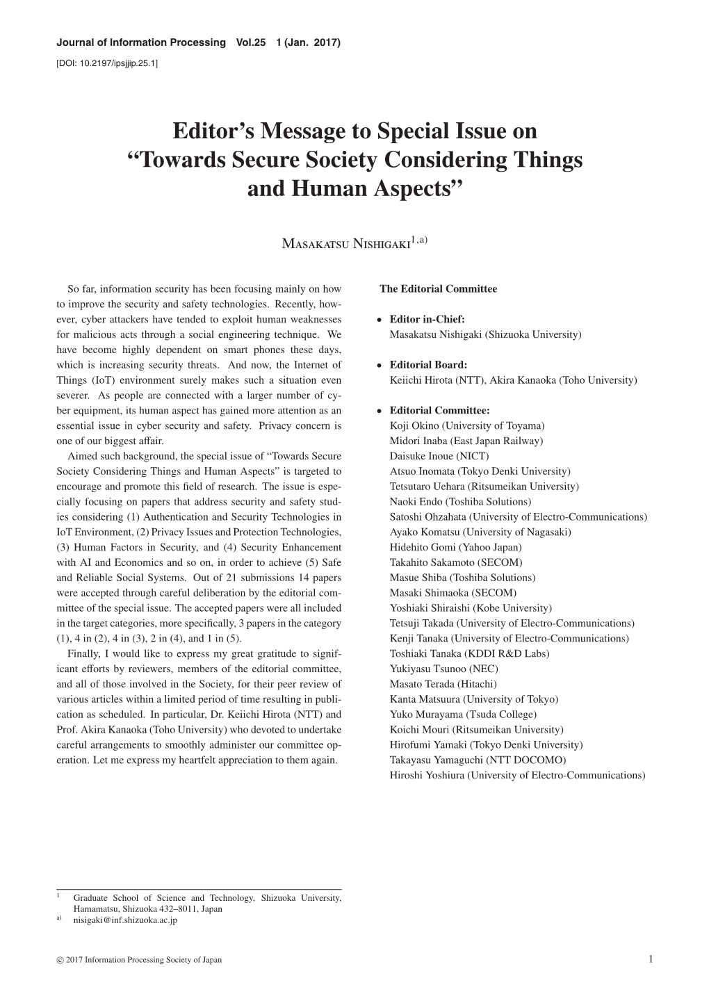 Editor's Message to Special Issue on “Towards Secure Society Considering Things and Human Aspects”