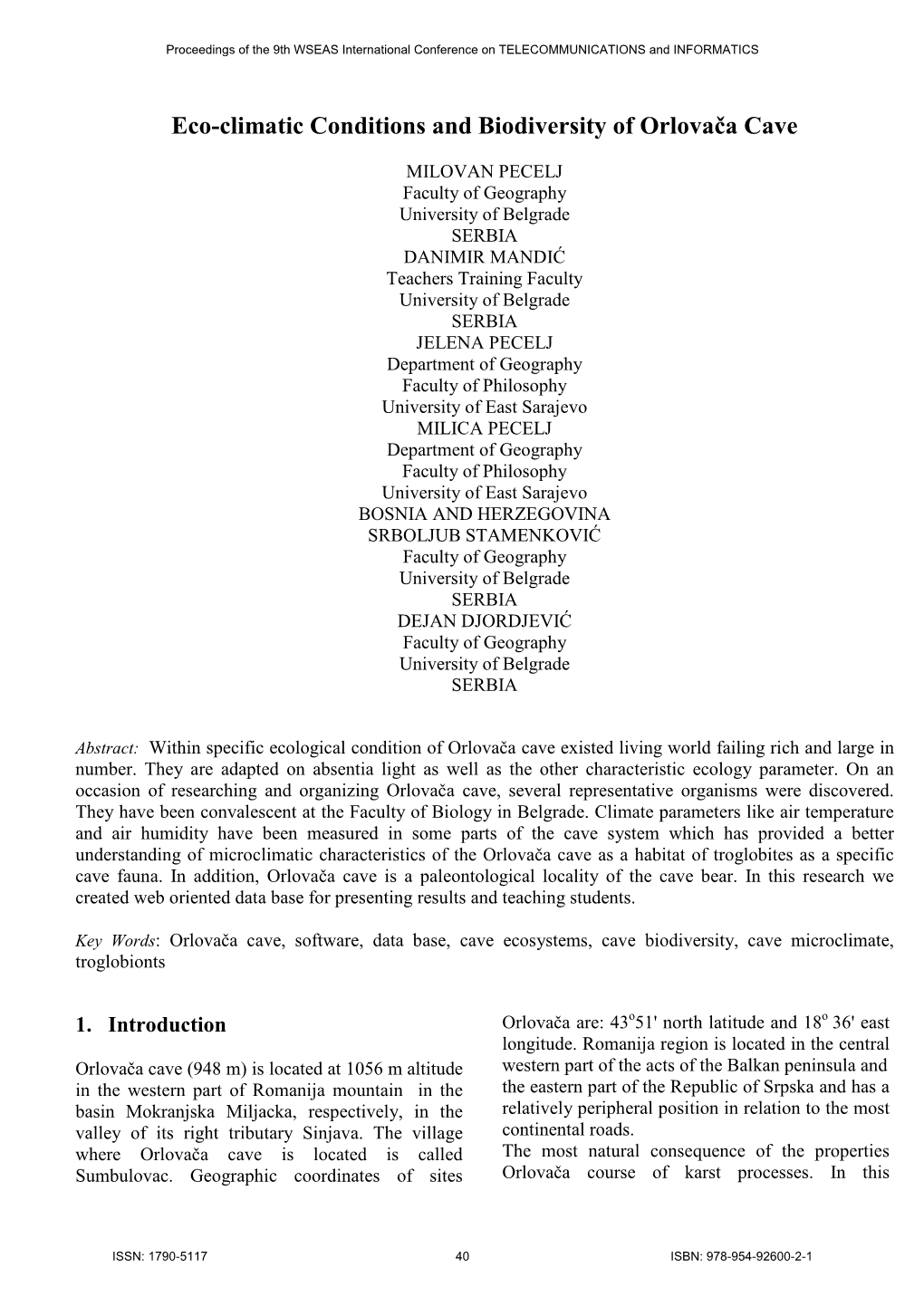 Eco-Climatic Conditions and Biodiversity of Orlovača Cave