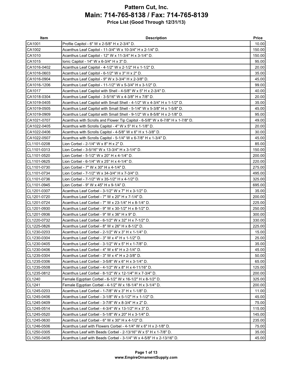 E.O.S. Price List (6-5-13)