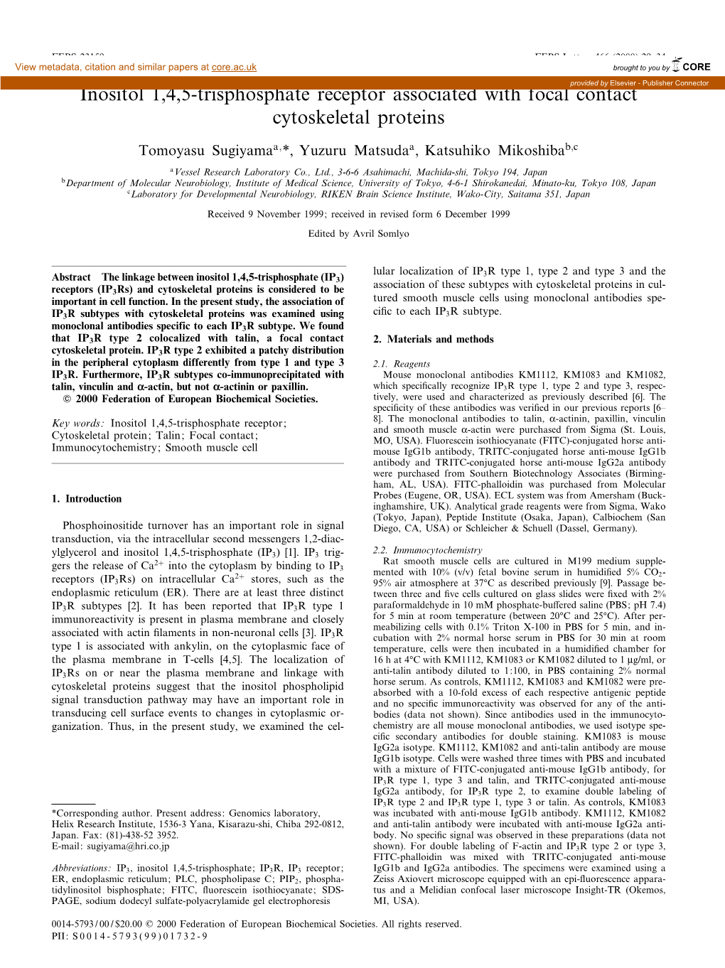 Inositol 1,4,5-Trisphosphate Receptor Associated with Focal Contact