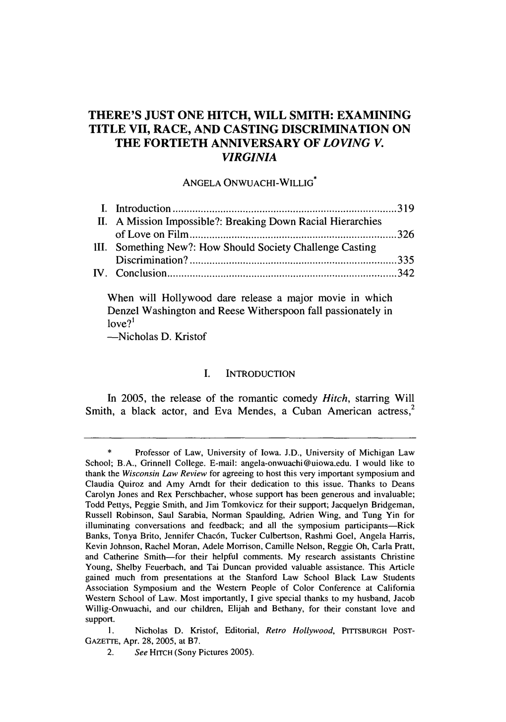 There's Just One Idtch, Will Smith: Examining Title Vii, Race, and Casting Discrimination on the Fortieth Anniversary of Loving V