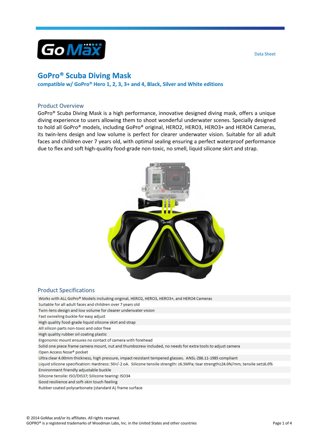 Gopro® Scuba Diving Mask Compatible W/ Gopro® Hero 1, 2, 3, 3+ and 4, Black, Silver and White Editions