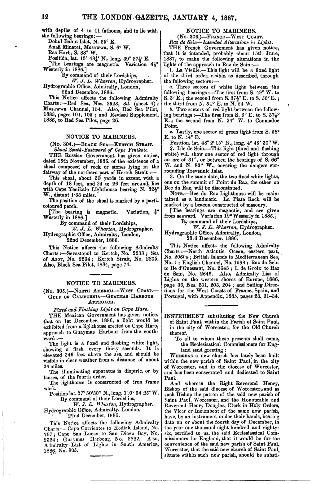 THE LONDON-GAZETTE, JANUARY 4, 1887, with Depths of 4 to 11 Fathoms, and to Lie with NOTICE to MARINERS