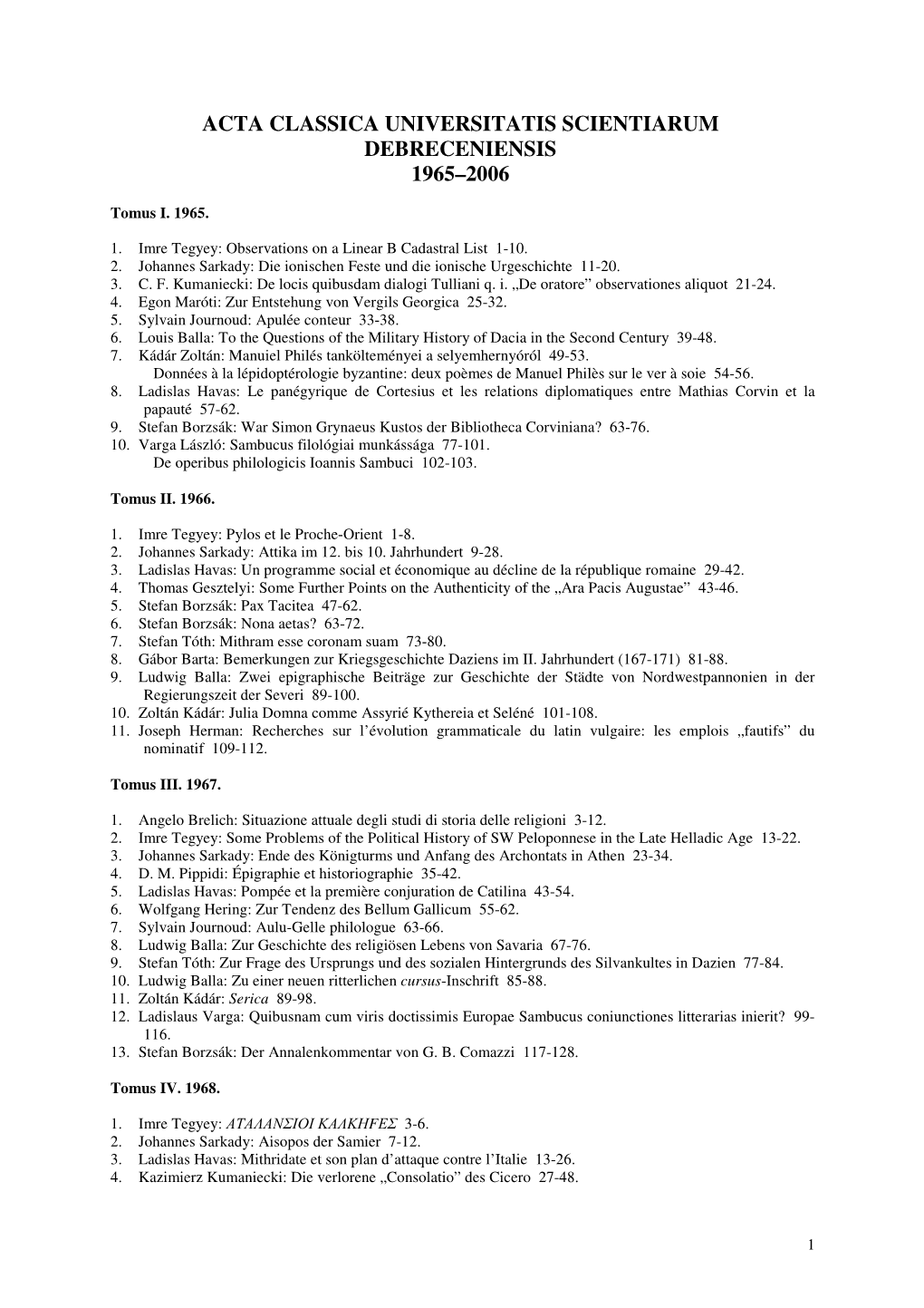 Acta Classica Universitatis Scientiarum Debreceniensis 1965–2006