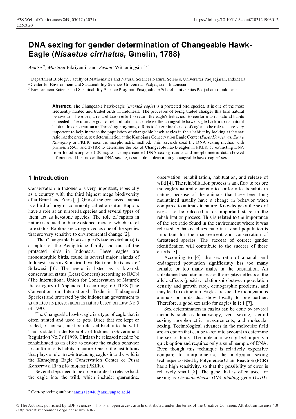 DNA Sexing for Gender Determination of Changeable Hawk-Eagle