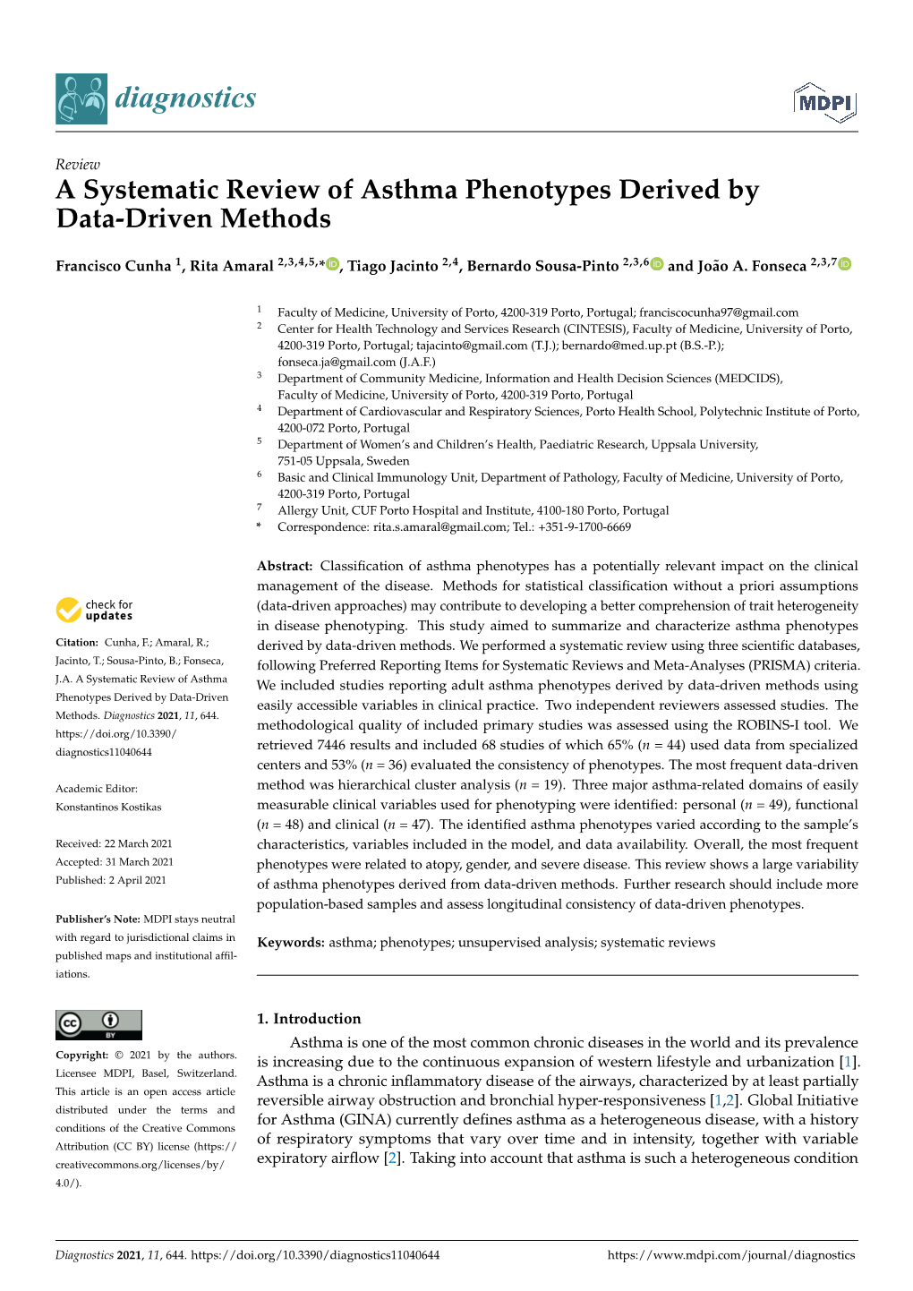 A Systematic Review of Asthma Phenotypes Derived by Data-Driven Methods