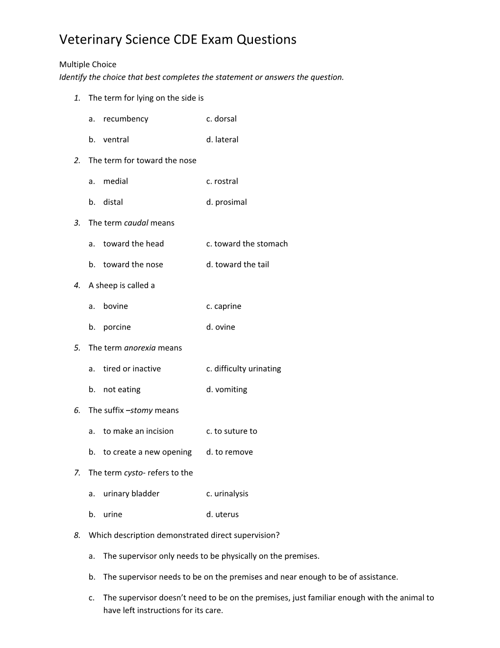 Veterinary Science CDE Exam Questions