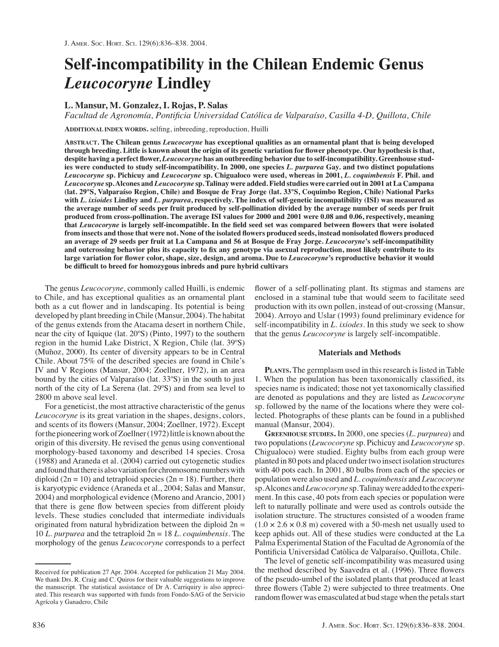 Self-Incompatibility in the Chilean Endemic Genus Leucocoryne Lindley L