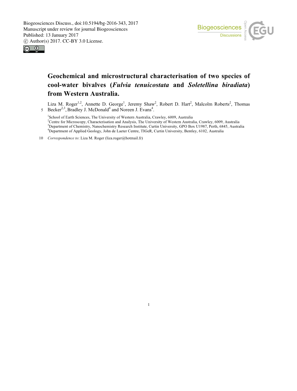 Geochemical and Microstructural Characterisation of Two Species of Cool-Water Bivalves (Fulvia Tenuicostata and Soletellina Biradiata) from Western Australia