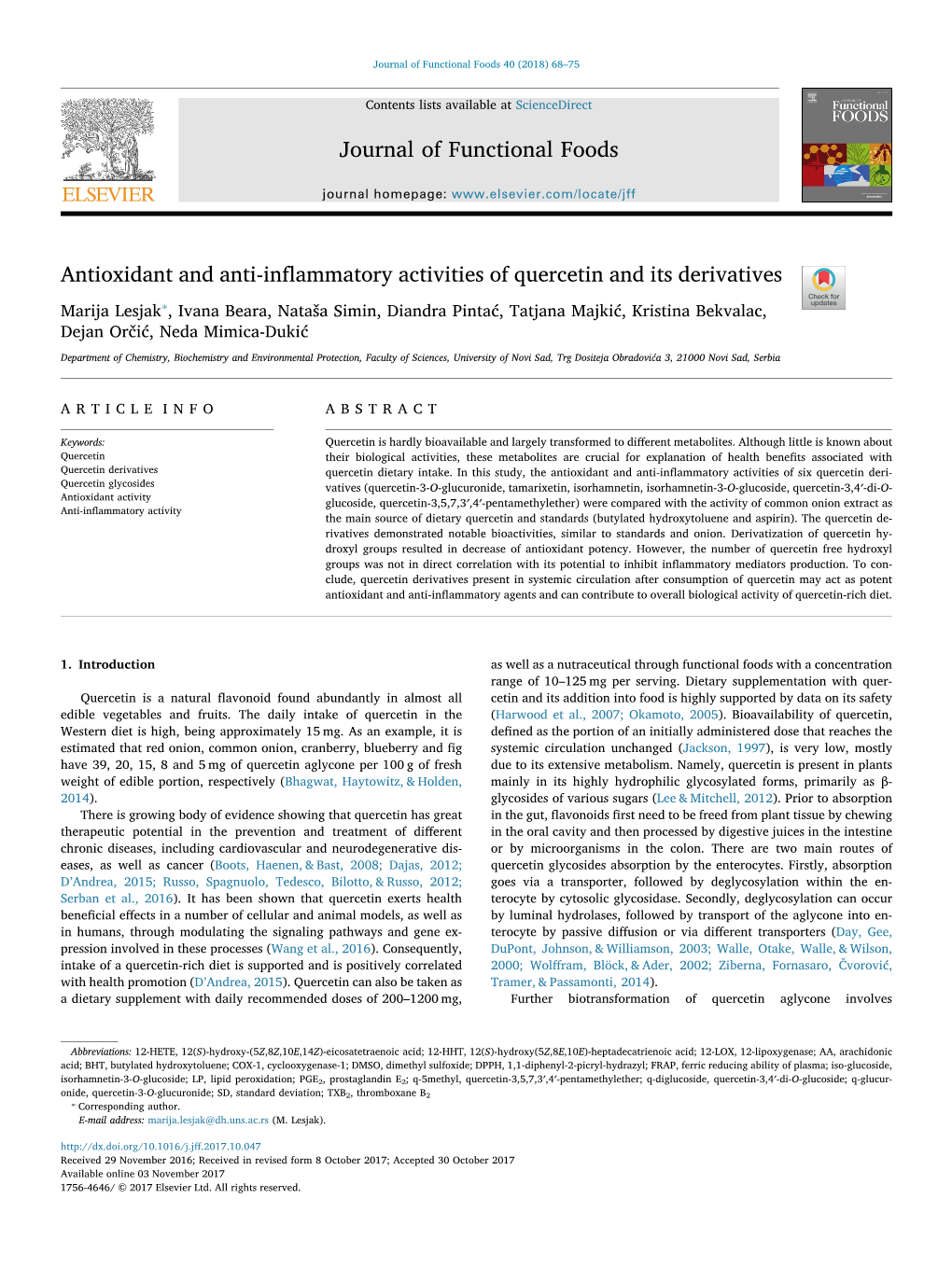 Antioxidant and Anti-Inflammatory Activities of Quercetin and Its