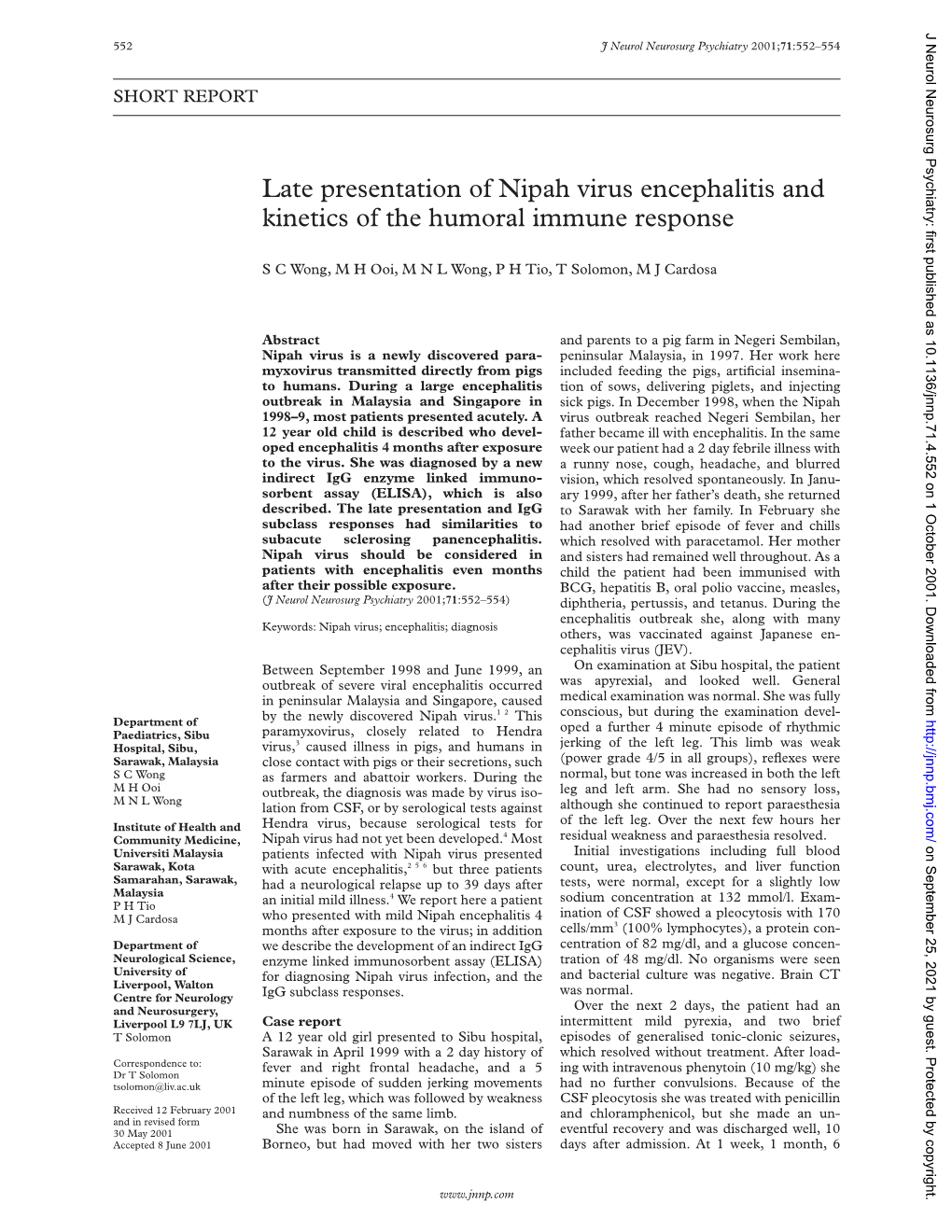 Late Presentation of Nipah Virus Encephalitis and Kinetics of the Humoral Immune Response
