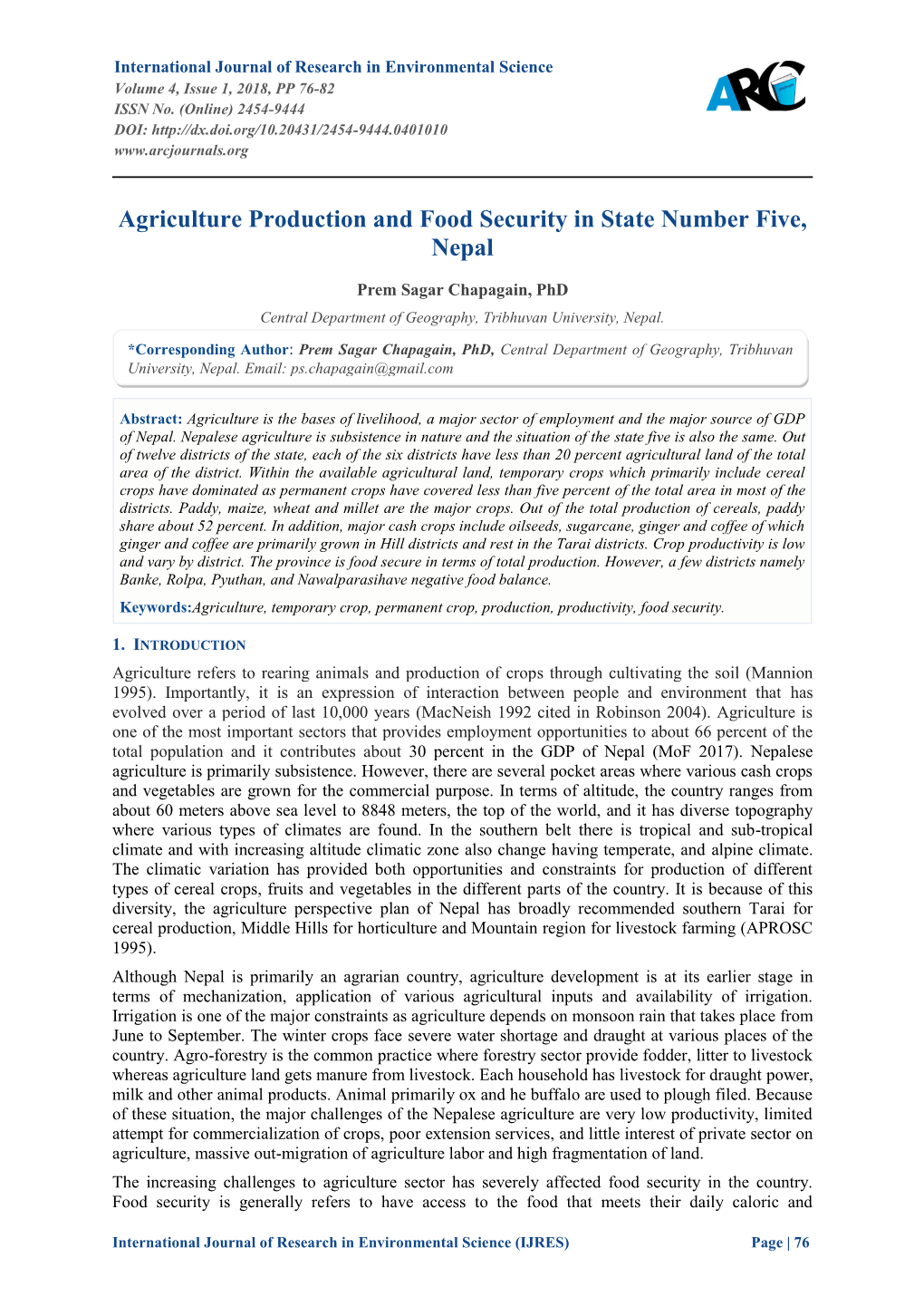 Agriculture Production and Food Security in State Number Five, Nepal