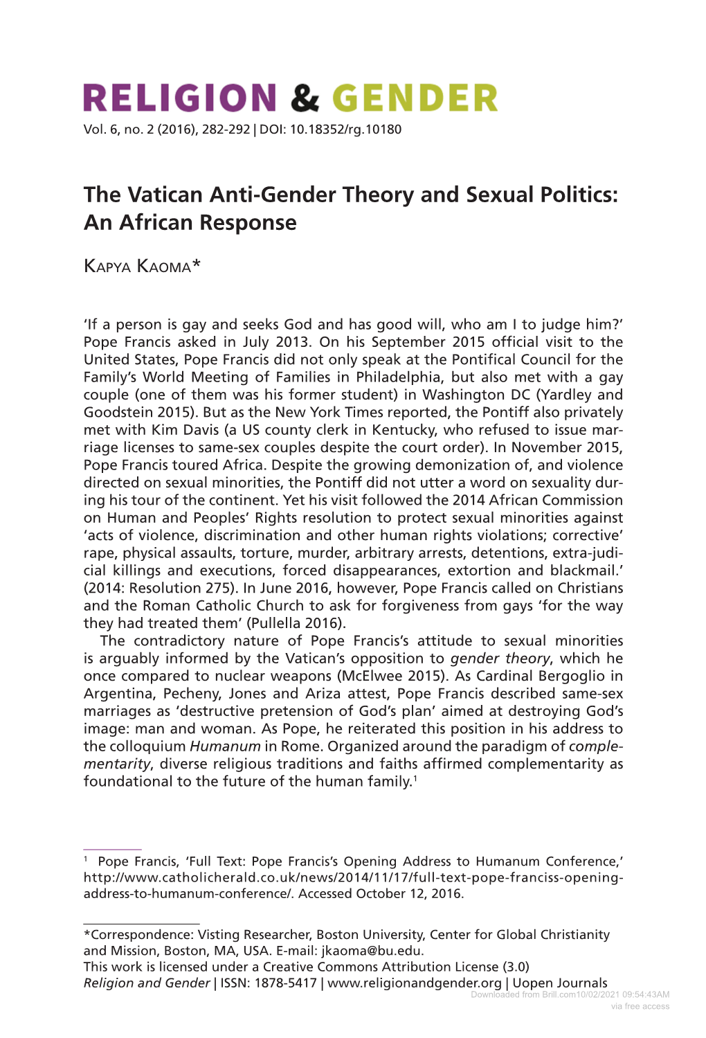 The Vatican Anti-Gender Theory and Sexual Politics: an African Response