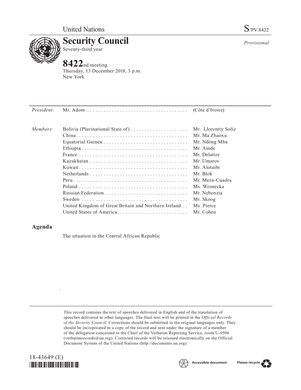 S/PV.8422 the Situation in the Central African Republic 13/12/2018