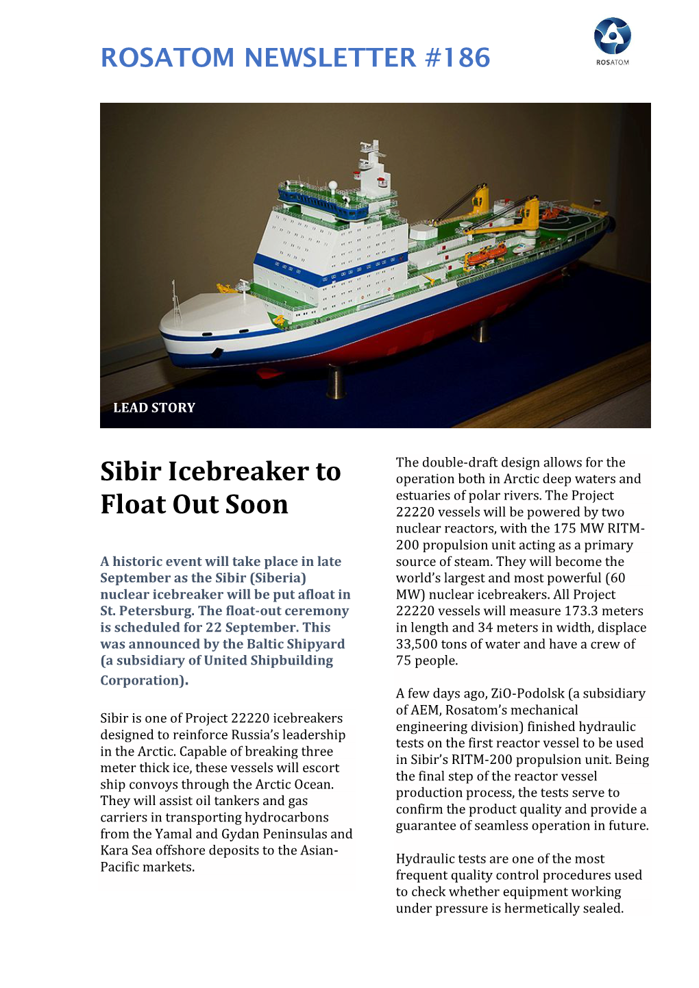 Sibir Icebreaker to Float out Soon
