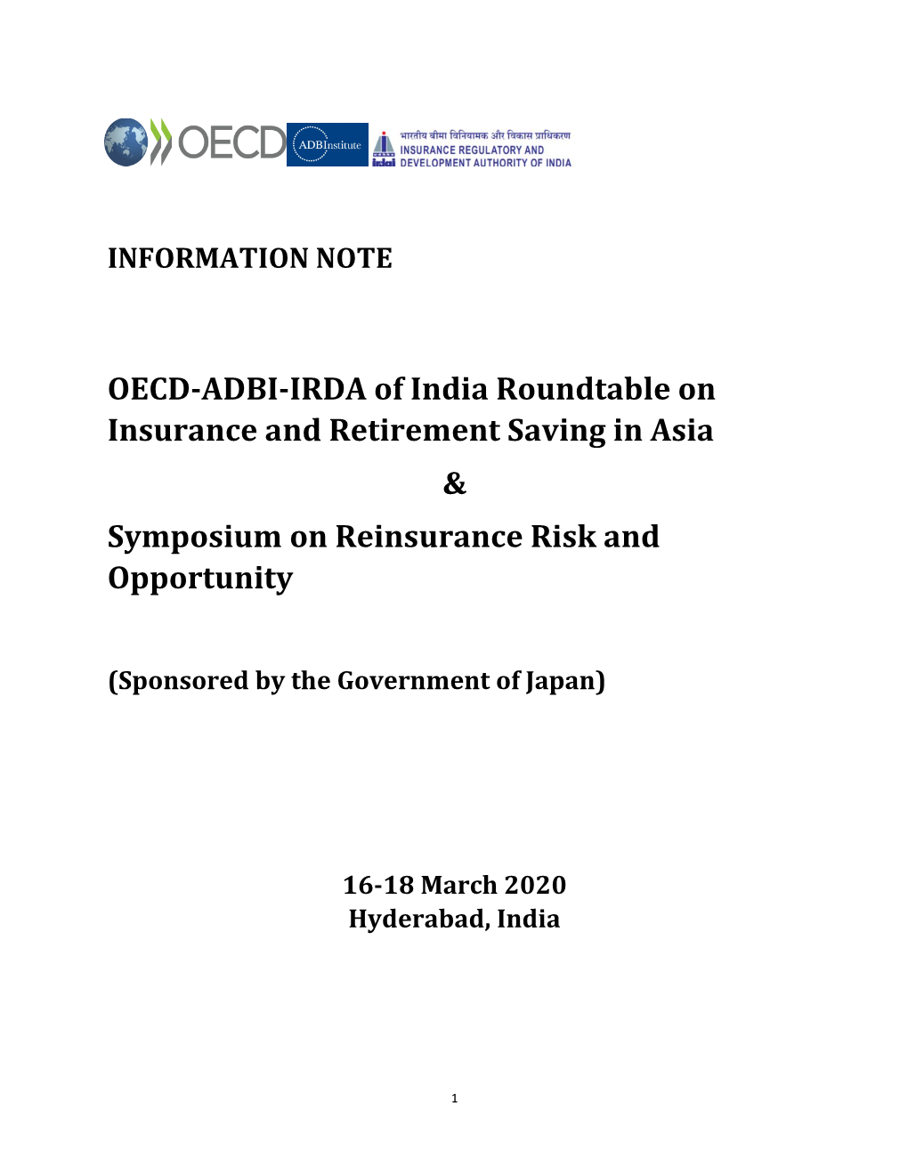 OECD-ADBI-IRDA of India Roundtable on Insurance and Retirement Saving in Asia & Symposium on Reinsurance Risk and Opportunity