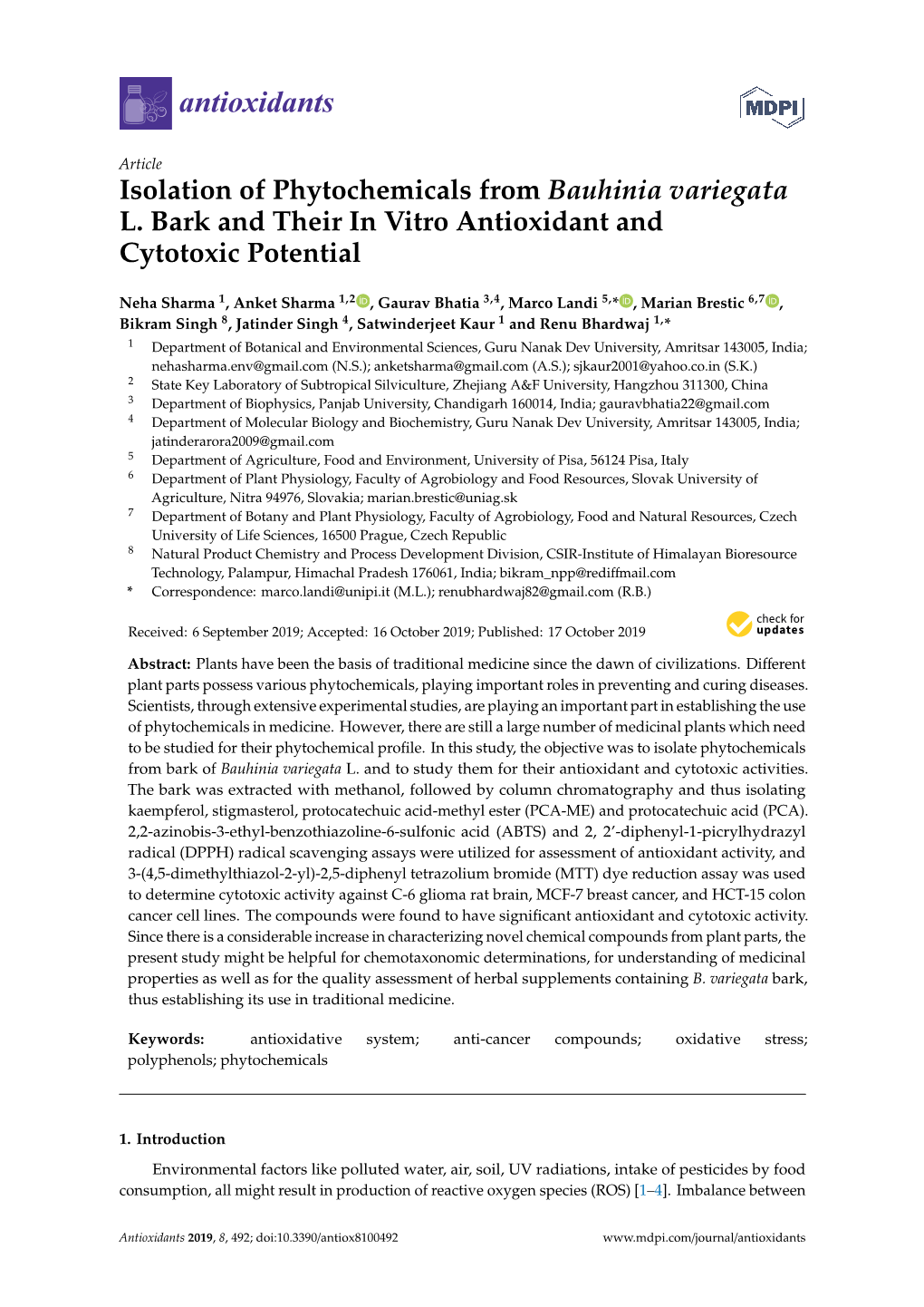 Isolation of Phytochemicals from Bauhinia Variegata L. Bark and Their in Vitro Antioxidant and Cytotoxic Potential