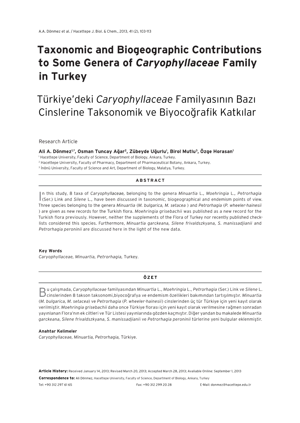 Taxonomic and Biogeographic Contributions to Some Genera of Caryophyllaceae Family in Turkey