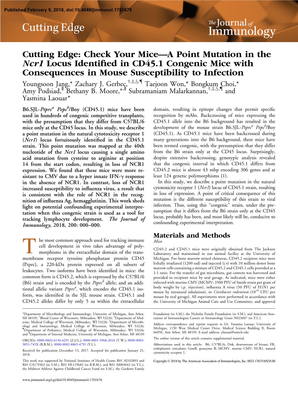 Check Your Mice—A Point Mutation in the Ncr1 Locus Identified in CD45.1 Congenic Mice with Consequences in Mouse