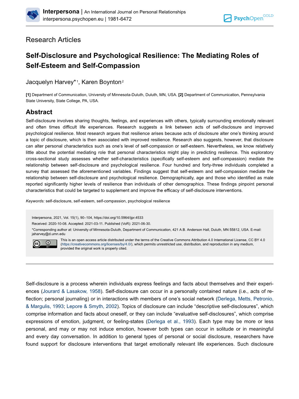 Self-Disclosure and Psychological Resilience: the Mediating Roles of Self-Esteem and Self-Compassion