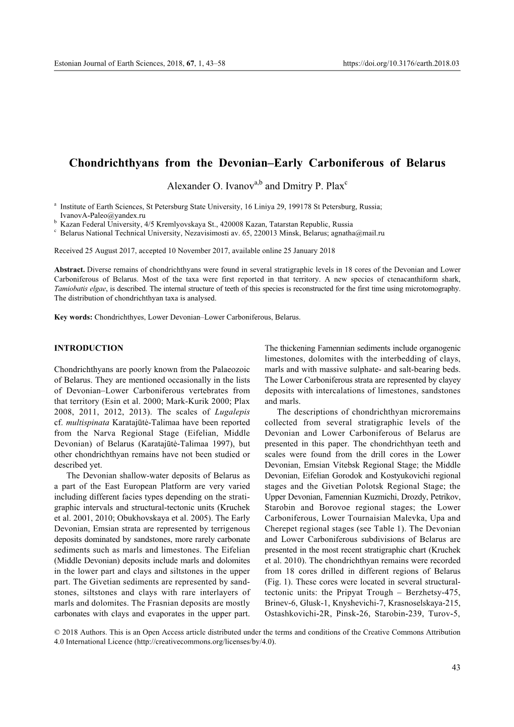 Chondrichthyans from the Devonian–Early Carboniferous of Belarus