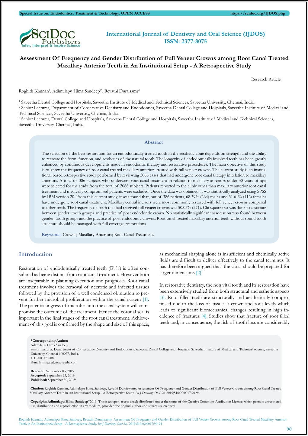 Assessment of Frequency and Gender Distribution of Full Veneer