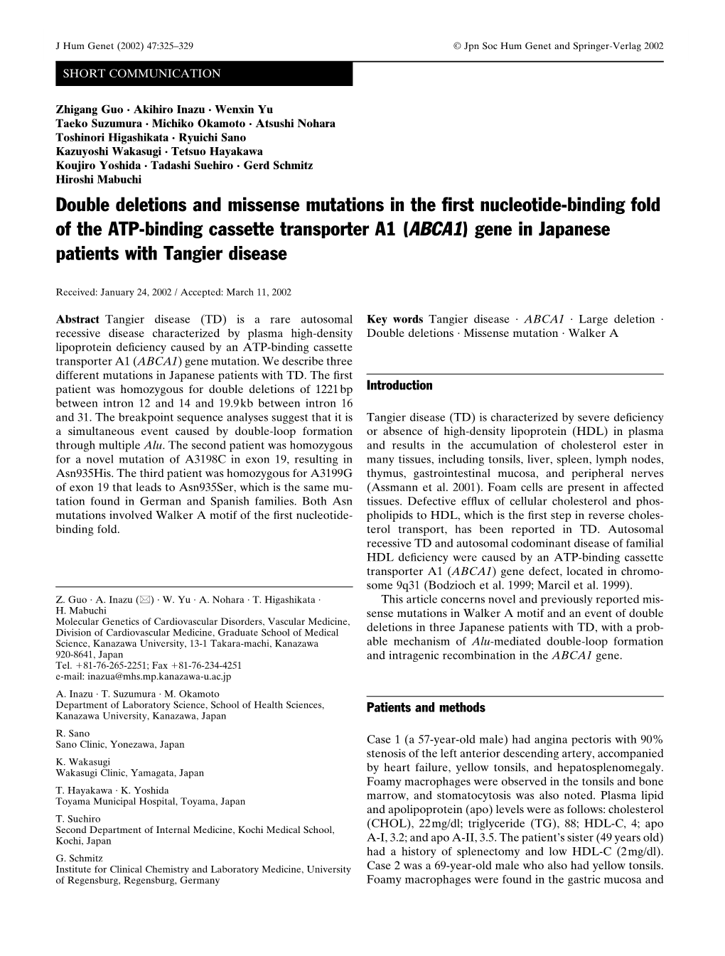 ABCA1) Gene in Japanese Patients with Tangier Disease