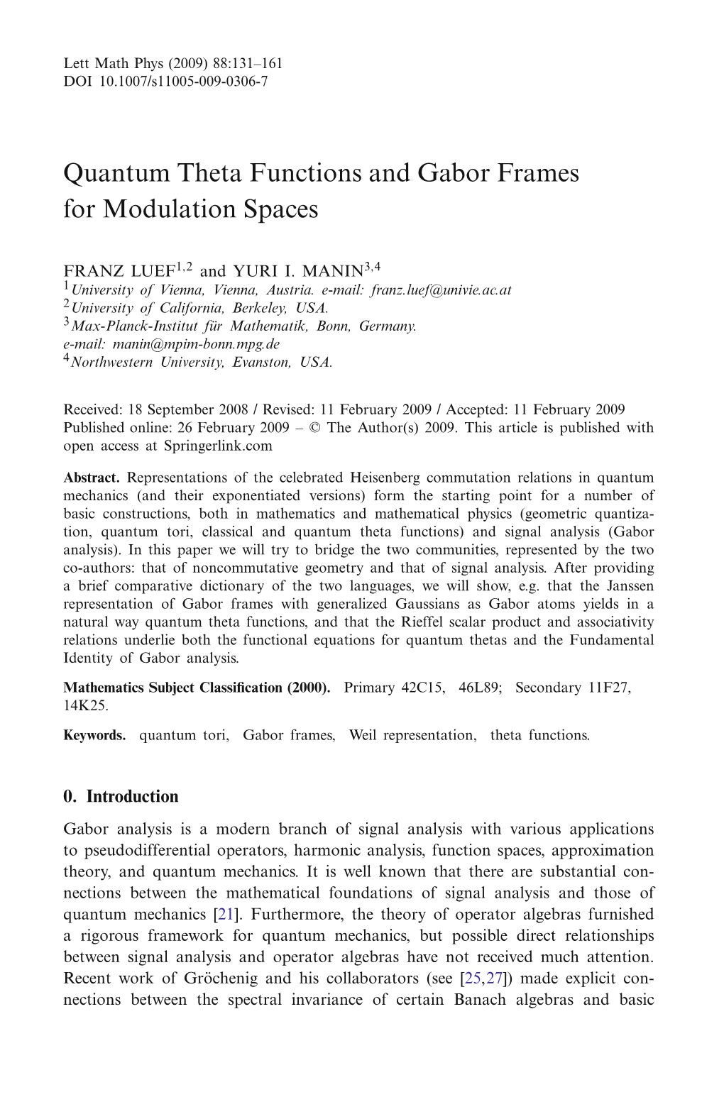 Quantum Theta Functions and Gabor Frames for Modulation Spaces