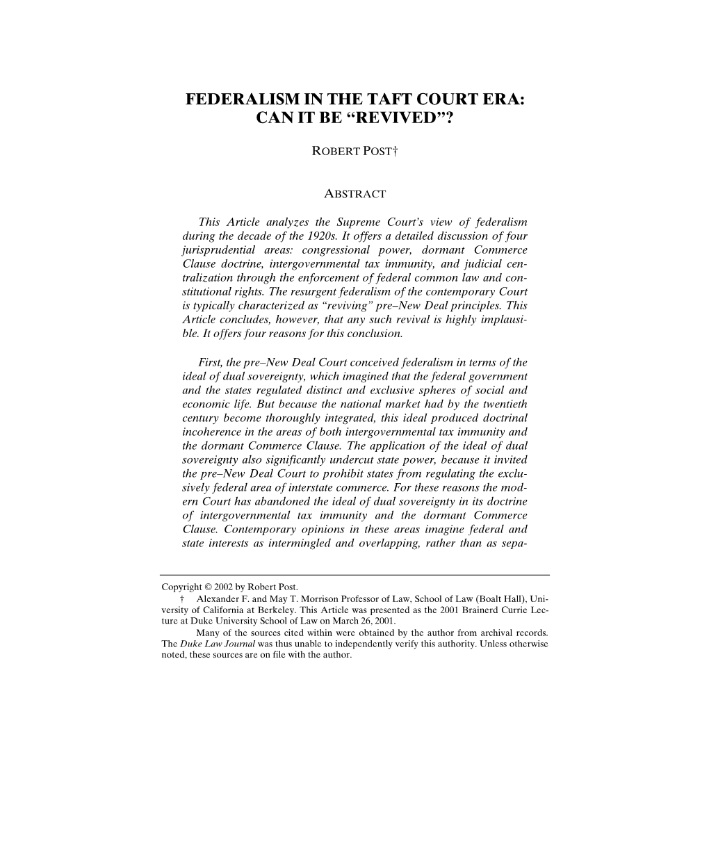 Federalism in the Taft Court Era: Can It Be “Revived”?