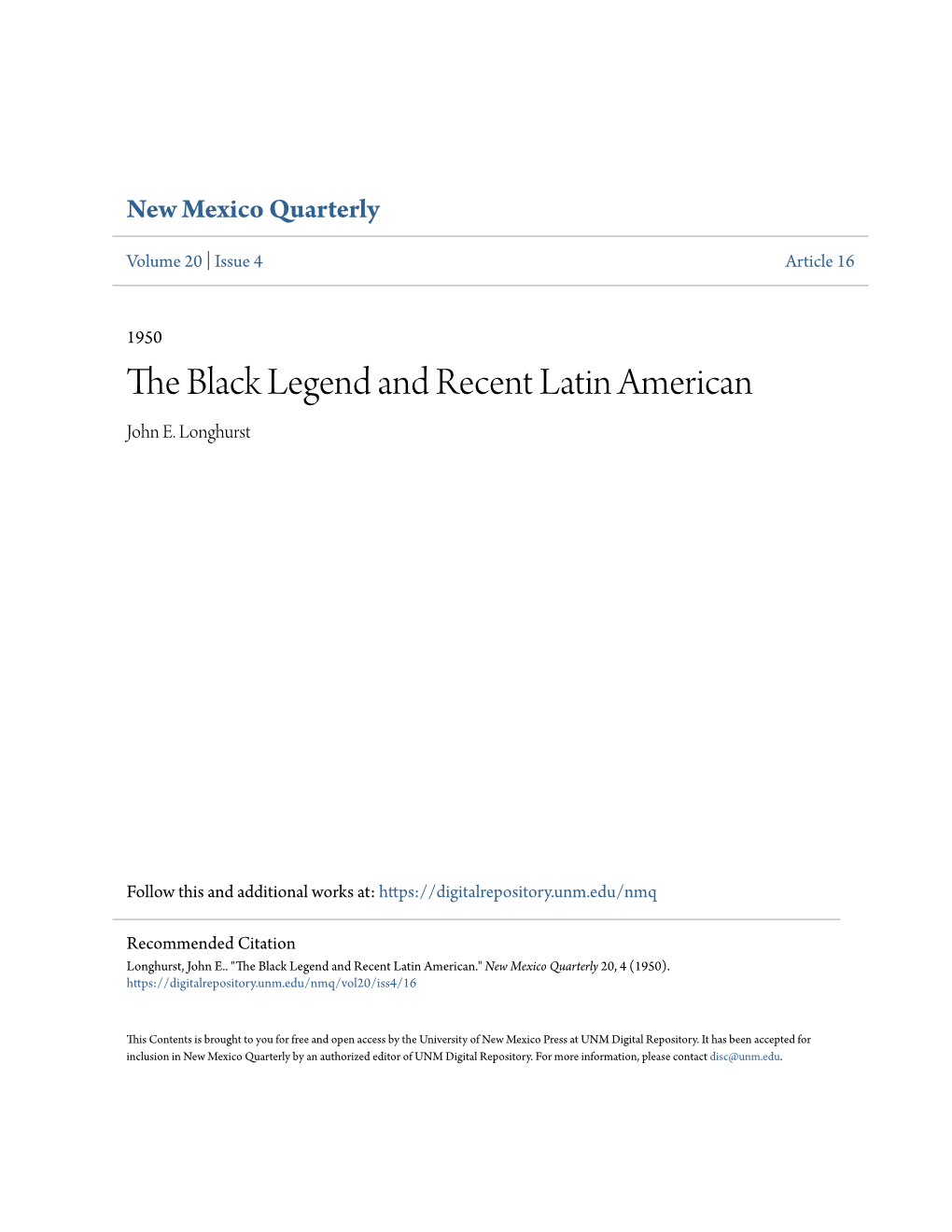 The Black Legend and Recent Latin American