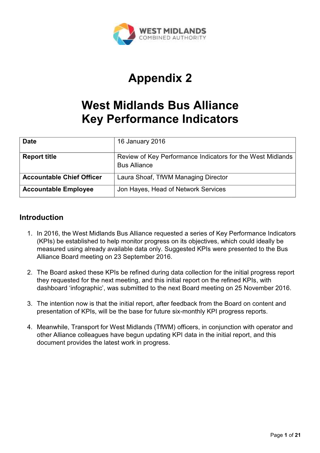 Appendix 2 West Midlands Bus Alliance Key Performance Indicators
