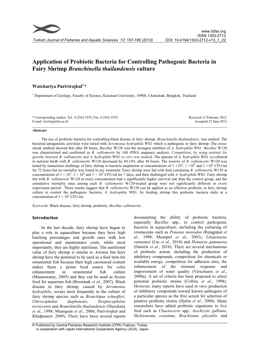 Application of Probiotic Bacteria for Controlling Pathogenic Bacteria in Fairy Shrimp Branchinella Thailandensis Culture