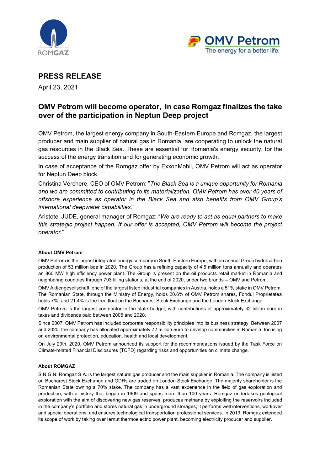 Joint Press Release OMVP & Romgaz