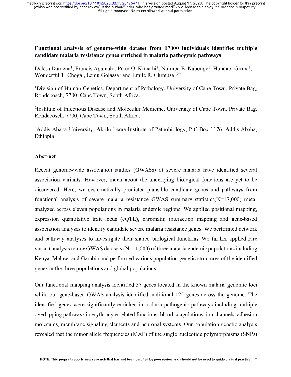 Functional Analysis of Genome-Wide Dataset from 17000 Individuals Identifies Multiple Candidate Malaria Resistance Genes Enriched in Malaria Pathogenic Pathways