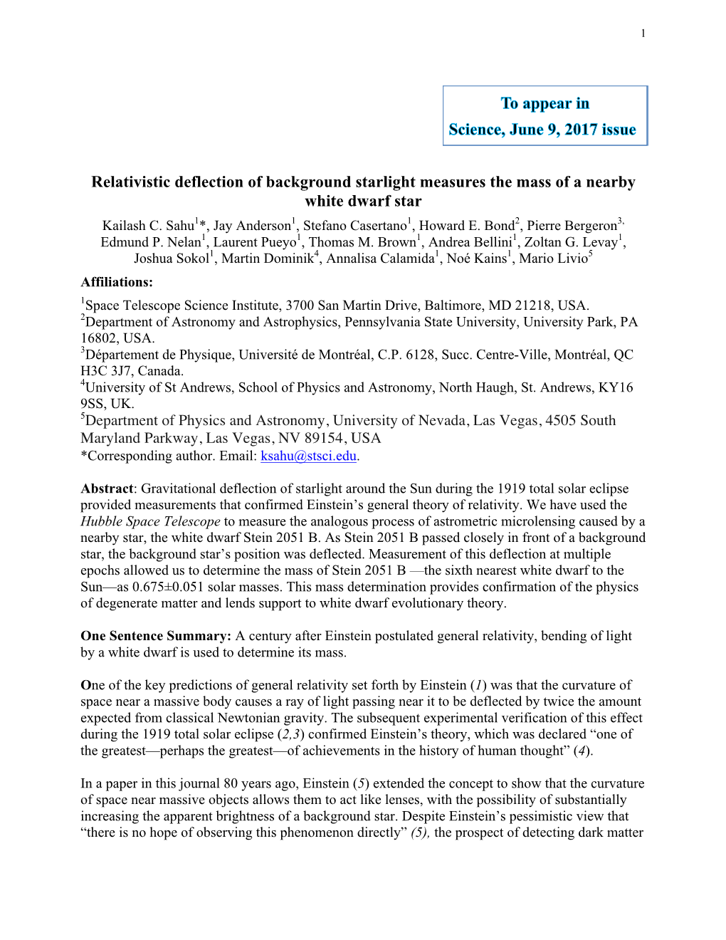 Relativistic Deflection of Background Starlight Measures the Mass of a Nearby White Dwarf Star Kailash C