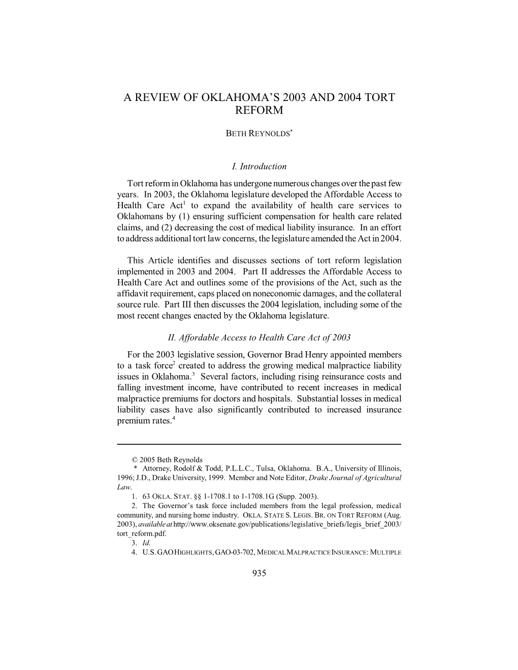 A Review of Oklahoma's 2003 and 2004 Tort Reform