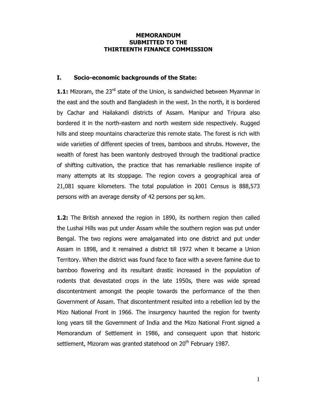 Memorandum Submitted to the Thirteenth Finance Commission