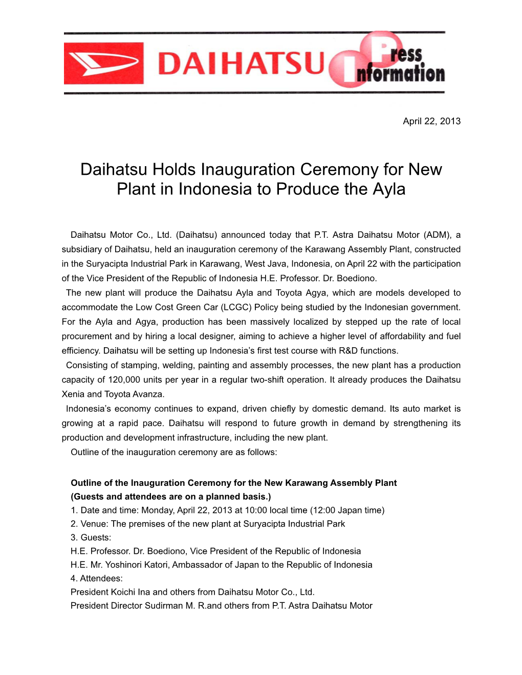 Apr. 22, 2013 Overseas Daihatsu Holds Inauguration Ceremony For