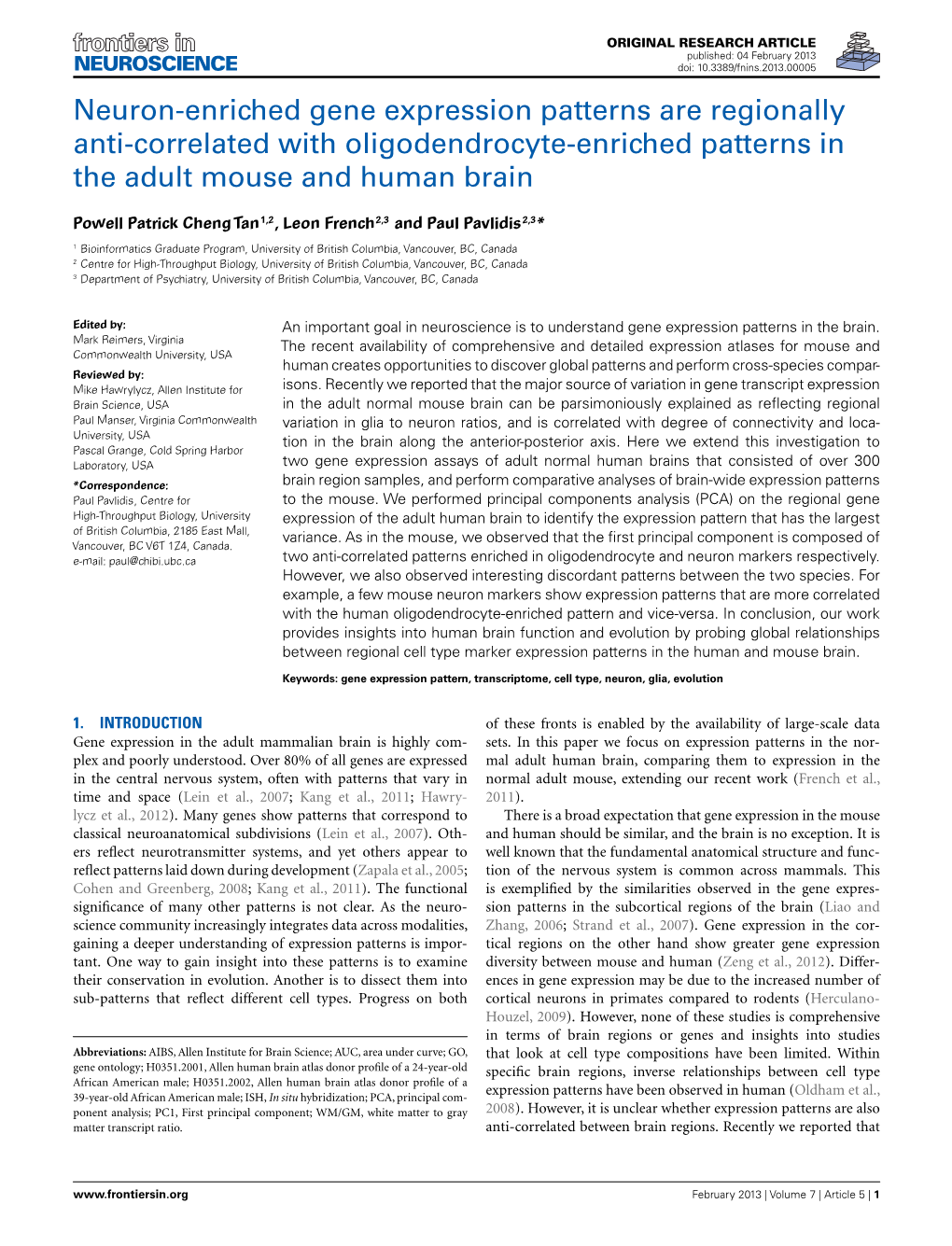 Neuron-Enriched Gene Expression Patterns Are Regionally Anti-Correlated with Oligodendrocyte-Enriched Patterns in the Adult Mouse and Human Brain