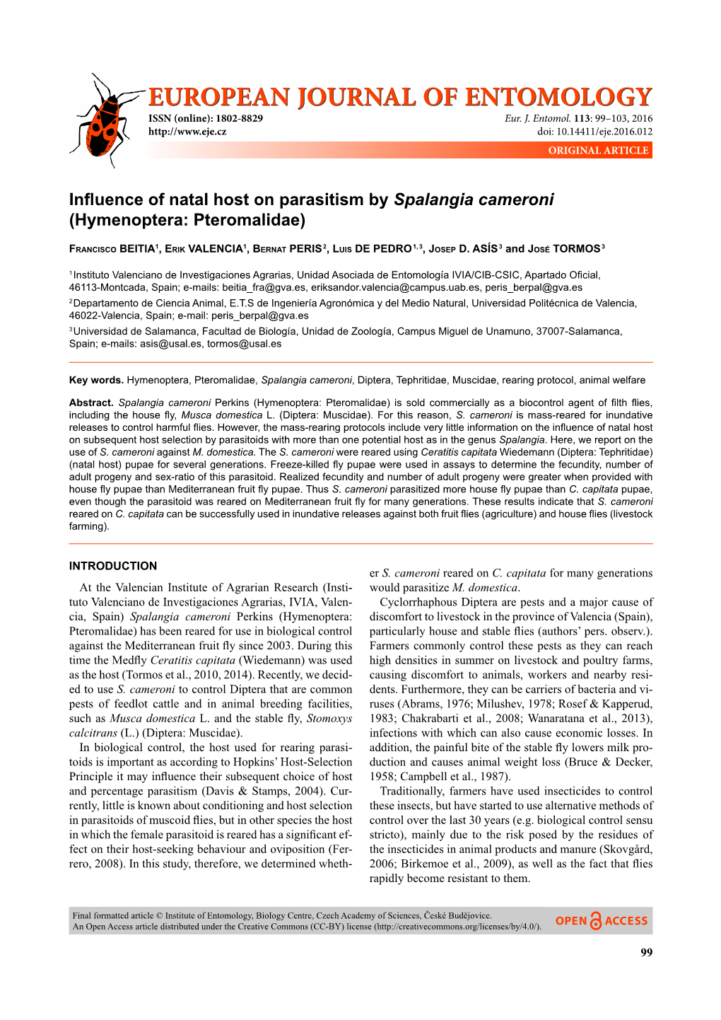 Influence of Natal Host on Parasitism by Spalangia Cameroni