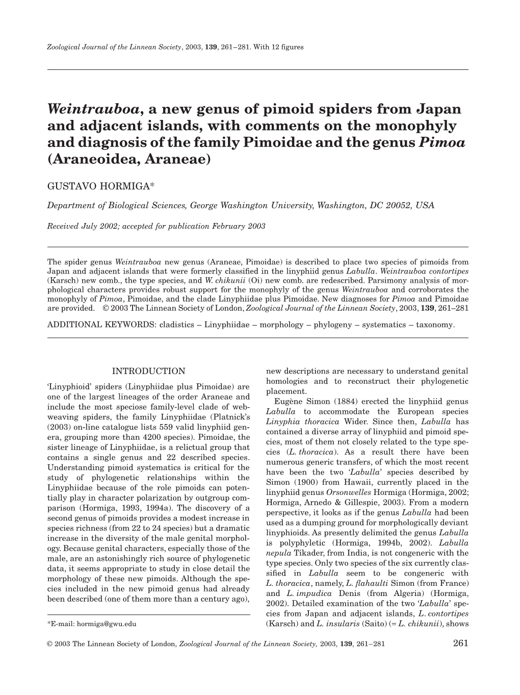 Weintrauboa, a New Genus of Pimoid Spiders from Japan and Adjacent