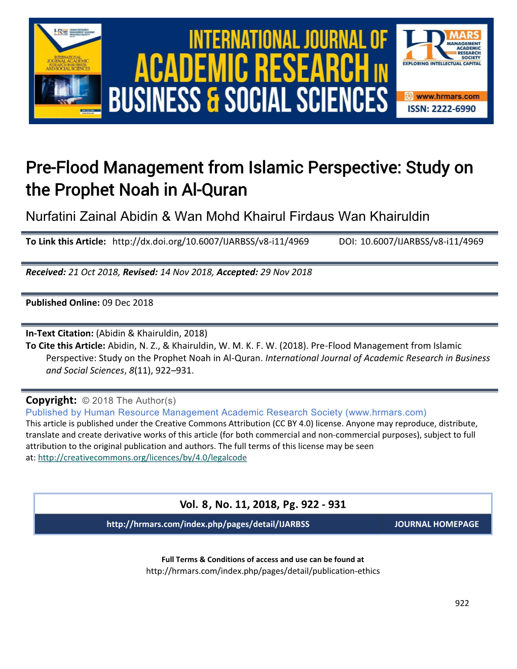 Pre-Flood Management from Islamic Perspective: Study on the Prophet Noah in Al-Quran