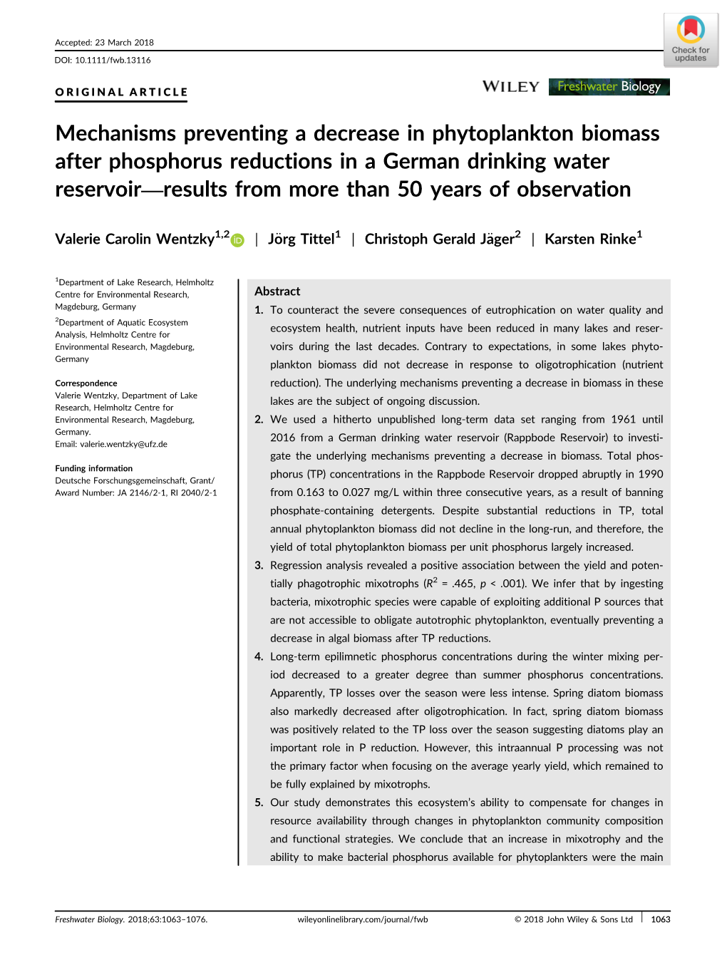 Mechanisms Preventing a Decrease in Phytoplankton Biomass After Phosphorus Reductions in a German Drinking Water Reservoir—Res