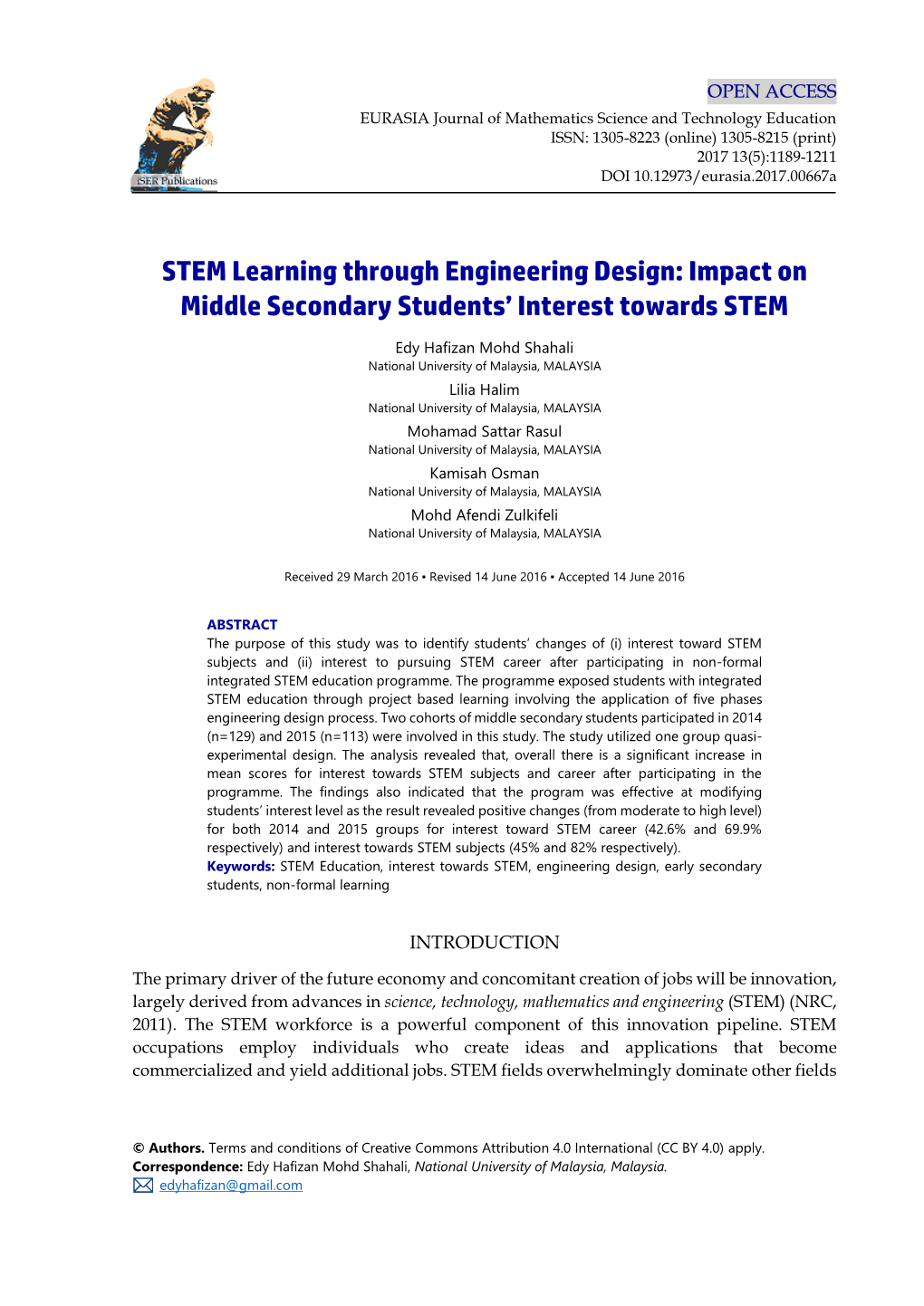 STEM Learning Through Engineering Design: Impact on Middle Secondary Students’ Interest Towards STEM